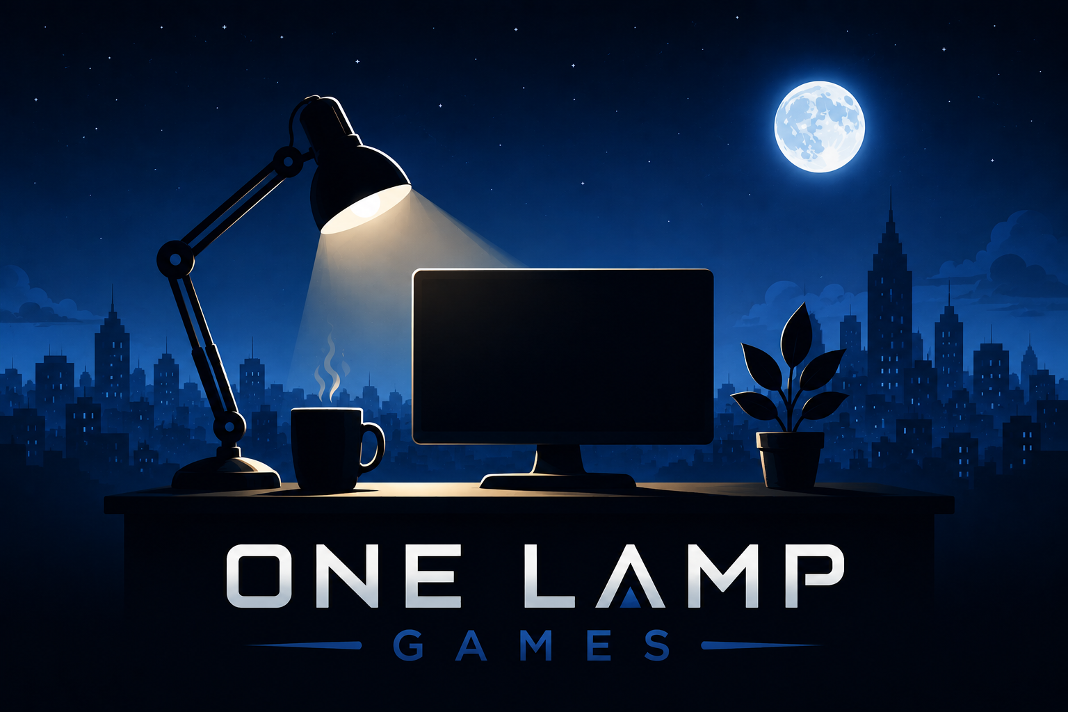 A late-night game development desk lit by a single lamp, overlooking a moonlit city.