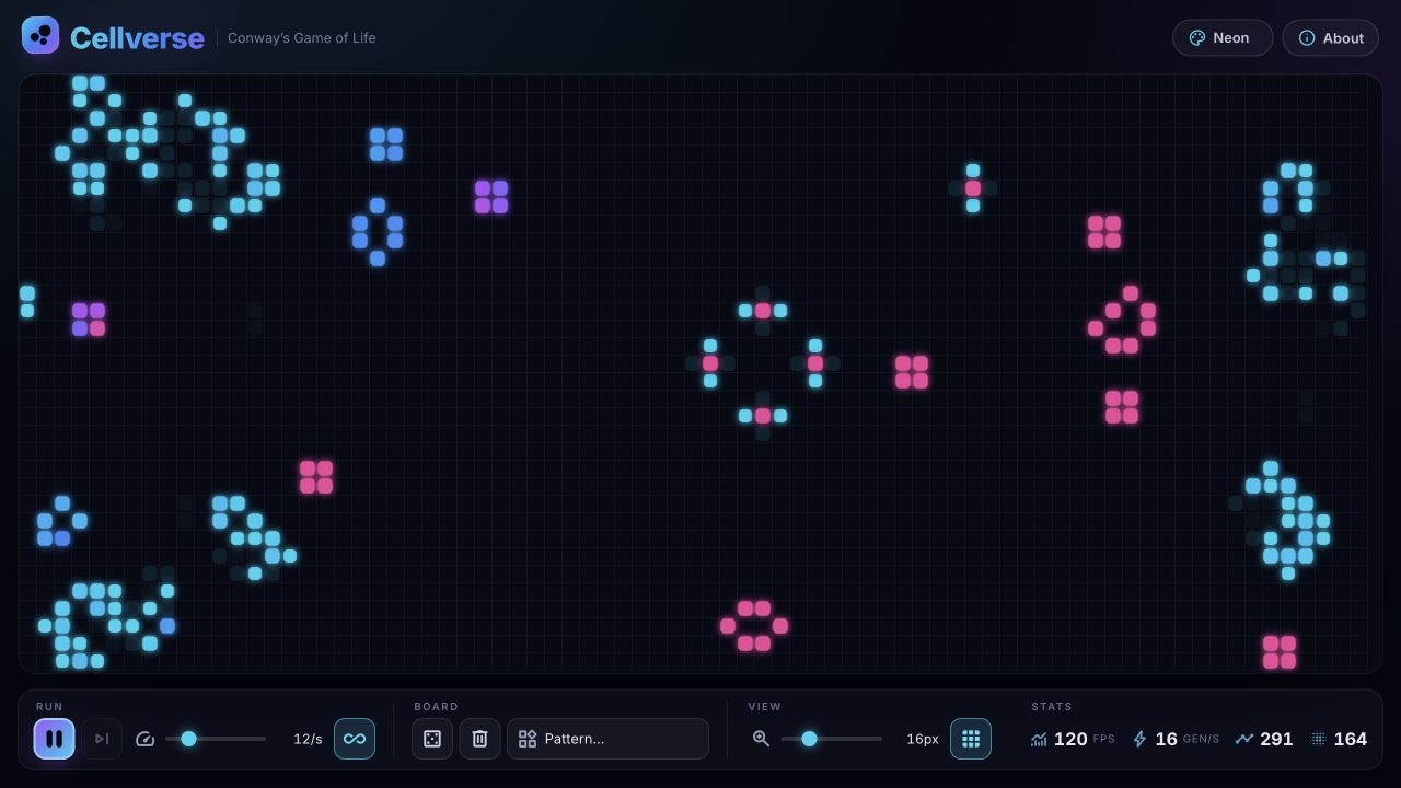 Cellverse displaying a running neon Game of Life simulation with cyan, blue, and pink cells.